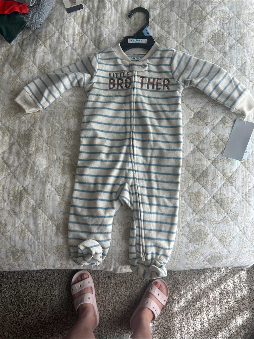 Carter's Cream and Light Blue Striped 'Little Brother' Footed One-Piece